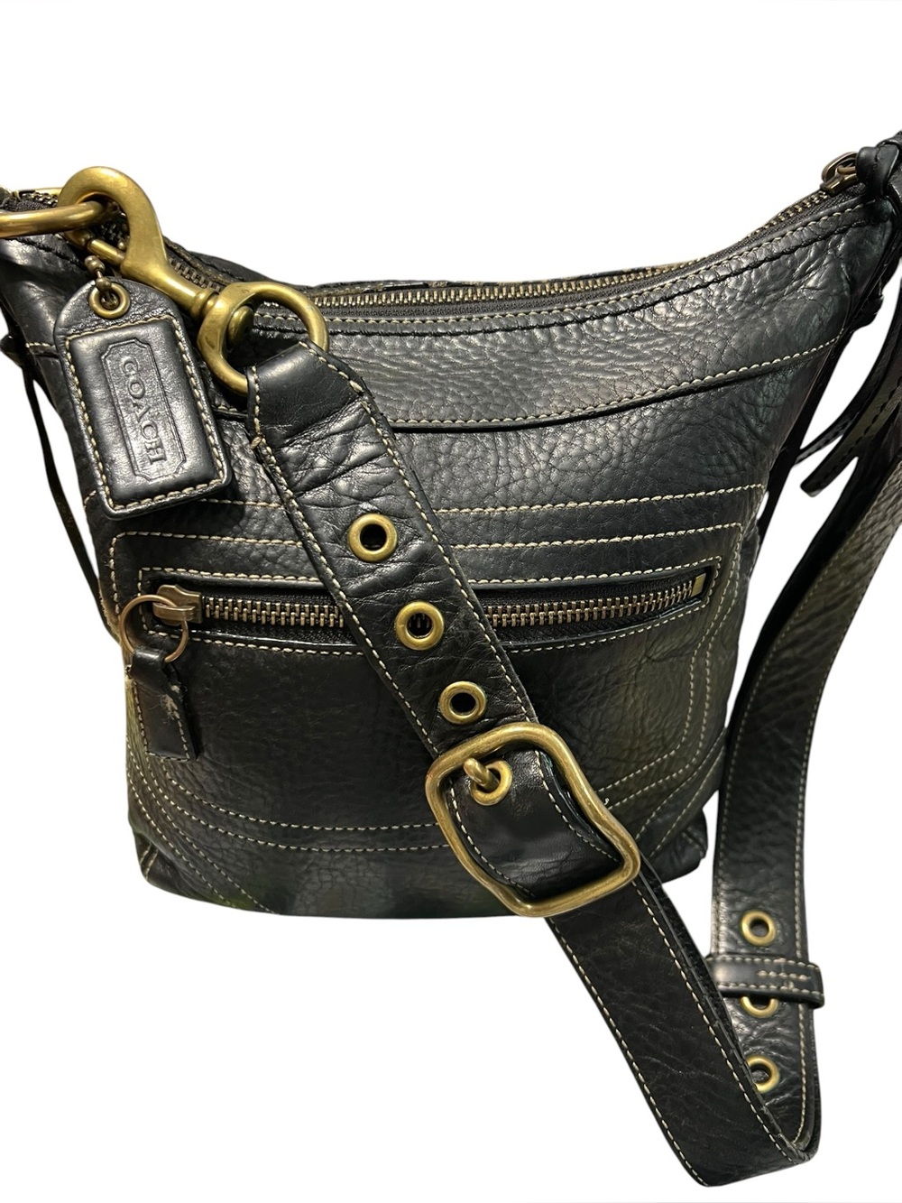 Coach Vintage Black Leather Strap Bag with Gold Ring Hardware